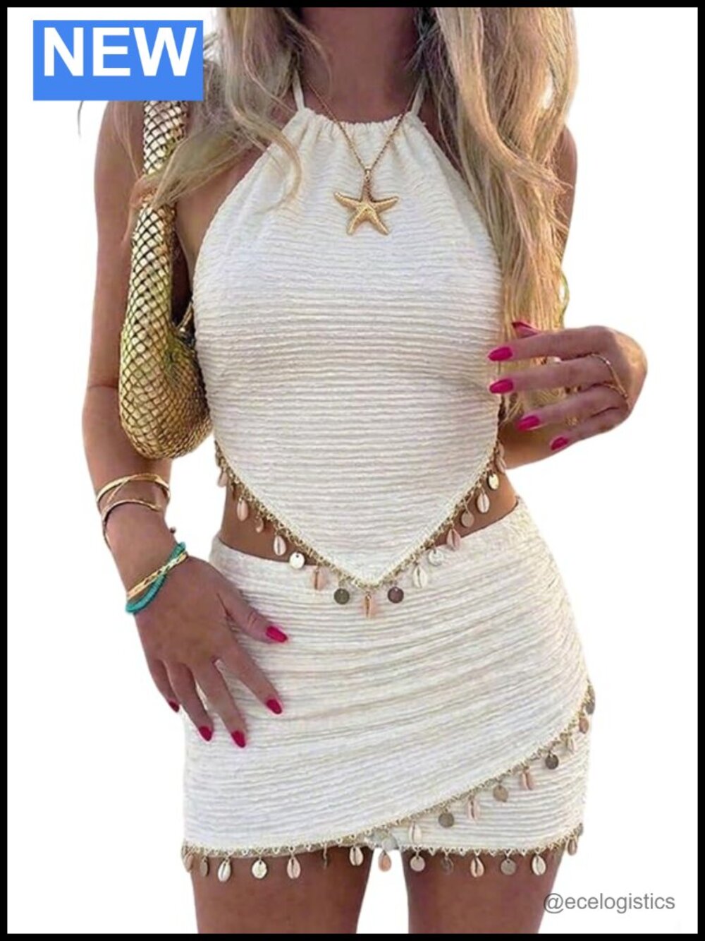 Sequin Trim Halter Vest Top & Mini Skirt Two Piece Set Vacation Outfits